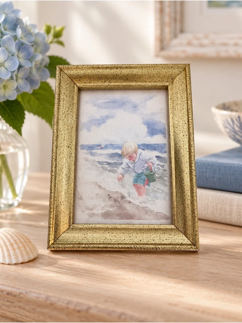 Vintage Miniature Watercolor Beach Boy Gold Frame Grandmillennial Coastal Art